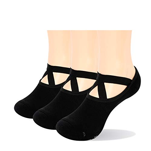 YUEDGE Rutschfest Yoga Socken Baumwolle Pilates Ballett Barre Socken Schwarz mit Grip für Damen Barfuß...