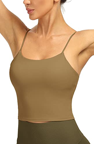 icyzone Damen Sport Top mit Integriertem BH - Spaghetti Trägertop Yoga Shirt, 2 in 1 Gym Fitness Tank Top (M, Deep Khaki)