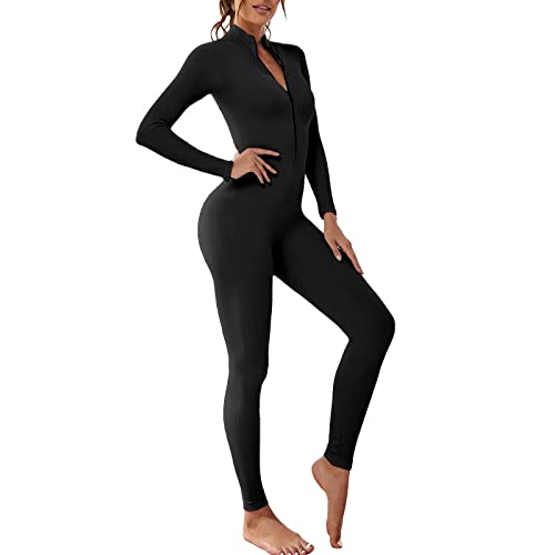 Vertvie Damen Jumpsuit Eng mit Reißverschluss Body Outfits Playsuit Langarm Bodycon Strampler Sportanzug Yoga Fitness Slim Jogginganzug(A-Schwarz,S)