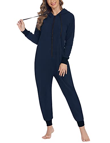 ADOME Jumpsuit Damen Kuschelig Schlafanzug Onesie Lang Pyjama Reißverschluss Einteiler Winter Warm Ganzkörperanzug mit Kapuze Flauschig Hausanzug Blau XL