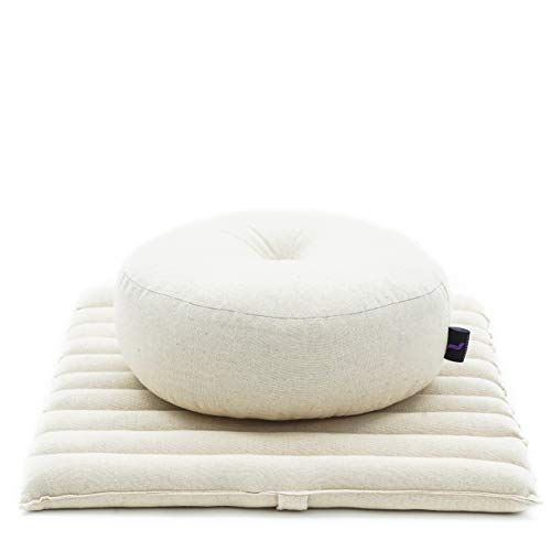 Leewadee Meditationsset Yogaset aus Meditationskissen Zafu und Kleiner rollbarer Sitzmatte Zabuton Ökologisches Naturprodukt, Kapok, Ecru