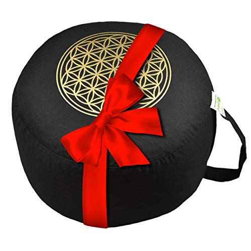 Yogakissen Meditationskissen BIO Dinkelspelz Premium Bezug OEKO TEX zertifiziert waschbar - Blume des Lebens Druck GOLD Ø 28 cm Höhe 16 cm als Sitzkissen, Sitzsack, Bodenkissen, Sitzhocker, Pouf, Yoga