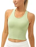 icyzone Damen Sport Top mit Integriertem BH, Yoga Crooped Shirt Geripptes Racerback Tank Top (M, Pastel Green)