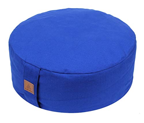 Zafu Meditationskissen, Buchweizen, D = 33 cm, H = 40,6 cm, rundes Zabuton Meditationskissen, großes Yoga-Kniekissen, Premium-Yoga-Kissen zum Sitzen auf dem Boden, Bezug aus Bio-Baumwolle, blau