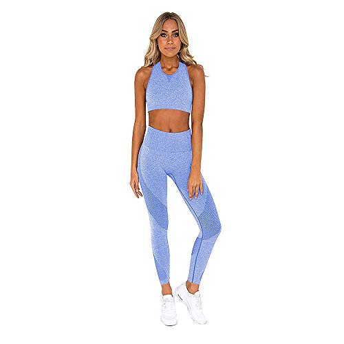 Hotexy Damen Workout Sets 2 Stück Anzüge Hohe Taille Yoga Leggings mit Stretch Sport BH Gym Kleidung - Blau - Medium
