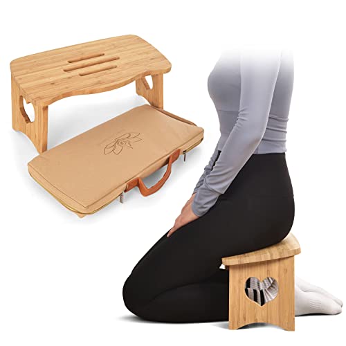 Kniebank Meditationsbank mit klappbaren Beinen – perfekter Kniehocker – ergonomische Bambus-Yoga-Bank für längeres Üben – inklusive Tragetasche