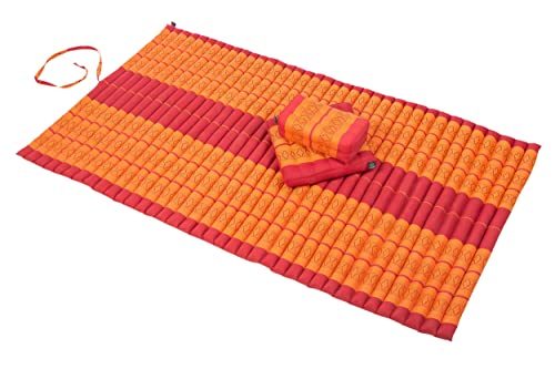 Handelsturm Set: Rollmatte 200x100 + Kissen 35x15x10 + Sitzkissen 40x40, 100% Kapok Füllung. Liege Set für Relaxen und Massage, traditionelles Design orange & rot