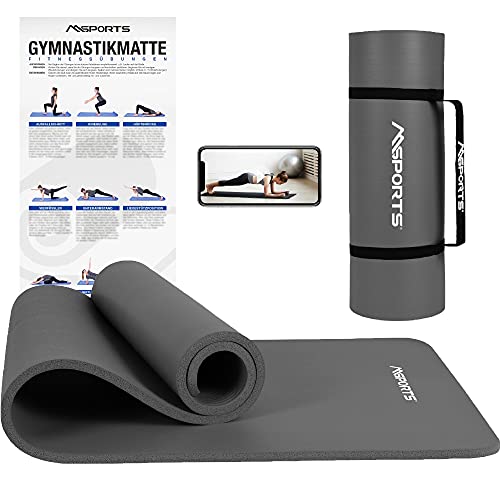 Gymnastikmatte Premium inkl. Tragegurt + Übungsposter + Workout App I Hautfreundliche Fitnessmatte 190 x 100 x 1,5 cm - Anthrazit - Phthalatfreie Yogamatte