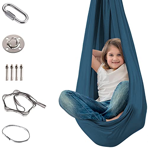 Therapieschaukel Kinder Indoor, Indoor Schaukel Hängematte Kinder Sensory Swing Ideal für Yoga, ADHS, Asperger, Sensorische Integration und Autismustherapie（Tinte blau）