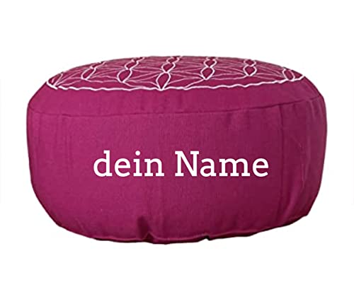 Yogakissen Meditationskissen rund personalisiert Sitzhöhe 15 cm waschbarer Bezug aus Baumwolle Yoga Sitzkissen mit Bio-Dinkelspelzen entspannte Meditation magenta / Blume des Lebens