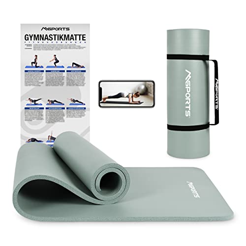 MSPORTS Gymnastikmatte Premium inkl. Tragegurt + Übungsposter + Workout App I Hautfreundliche Fitnessmatte 190 x 60 x 1,5 cm - Steingrau - Phthalatfreie Yogamatte