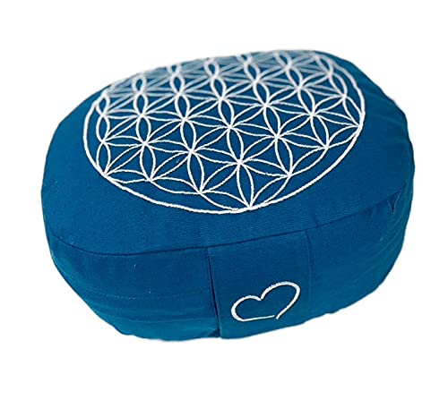 maylow Yoga mit Herz Hochwertiges Yogakissen Meditationskissen Balance oval Reisekissen Bio-Dinkelspelzen H: 10 cm (türkis/Blume des Lebens)