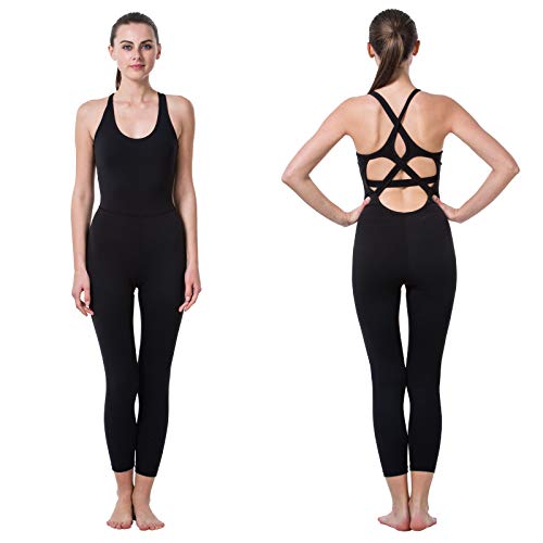 LOVESOFT Damen Ärmelloser Bodysuit Tanz-Einteiler Rückenfrei Bodycon Strampler Jumpsuits für Workout Yoga - Schwarz - Medium