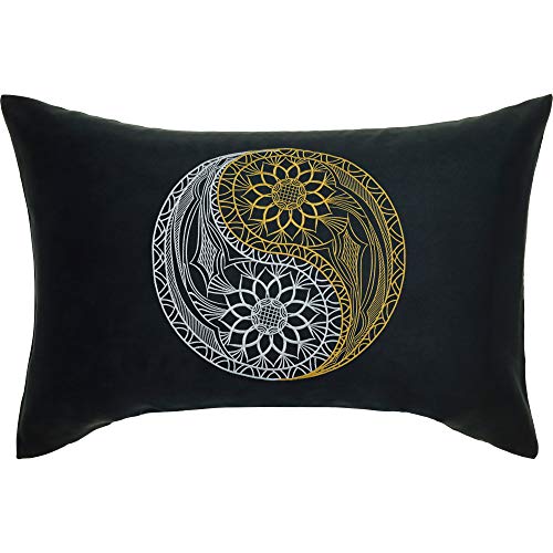 EXPRESS-STICKEREI Yoga Kissen Yin Yang Mandala Kissen mit Füllung 40x60cm | Buddhismus Dekoration Energie & Harmonie Sofakissen Wohnzimmer Dekokissen Feng Shui Accessoire Zierkissen | schwarz