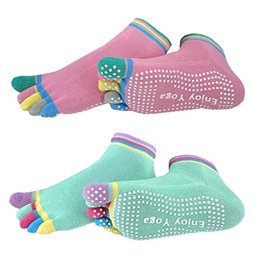 FOX-TECH Yoga Socken für Damen, 2 Parre rutschfeste Stoppersocken ABS Socken für Yoga, Pilates,Krankenhaus,Rutschfeste Slipper,StopperSocken für Zuhause,Workout,Sport, 35-39 (a Rosa+Grün)