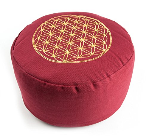 TEMPELWELT Yogakissen Meditationskissen Blume des Lebens 30 x 15 cm rund, Bezug Baumwolle rot abnehmbar, Füllung Buchweizenspelz, Sitzkissen Yoga Kissen Bolster Jogakissen