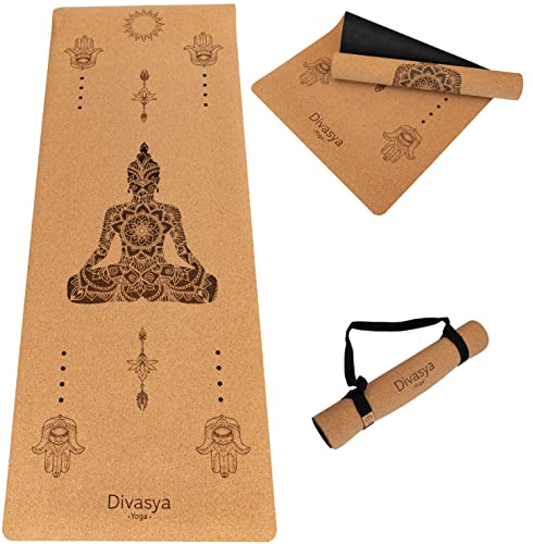 DIVASYA Premium Yogamatte Kork, 100% natürlich: aus Naturkautschuk rutschfest & Kork, extra-breit & extra-dick (183x66x0,4cm), nachhaltig & schadstofffrei, mit Yoga-Gurt, auch für Pilates