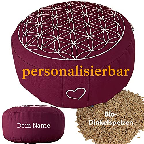 Yogakissen Meditationskissen rund personalisierbar Sitzhöhe 15 cm waschbarer Bezug aus Baumwolle Yoga Sitzkissen mit Bio-Dinkelspelzen entspannte Meditation (Blume des Lebens / Pflaume)