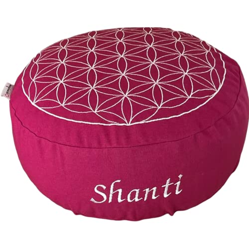 maylow Yoga mit Herz Yogakissen Meditationskissen mit Stickerei Blume des Lebens 33x15 cm Bio-Dinkelspelz Füllung Bezug und Inlett Baumwolle waschbar (Magenta/Stickerei Shanti)