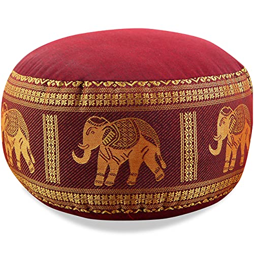 livasia Meditationskissen Thaiseide, Yogakissen klein mit Kapok, Pouf, Bodenkissen Yoga Zen Meditation, Sitzkissen Garten Balkon, Zafukissen handgefertigt Ø 32x20cm (Rot/Elefanten Seide)